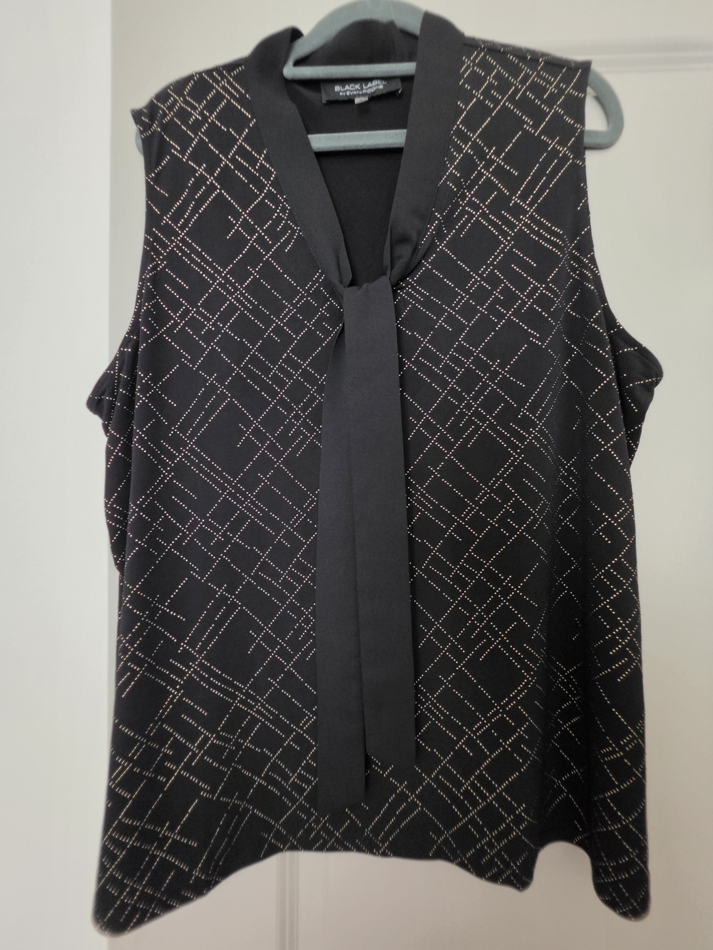 Black Tie-Neck Sleeveless Blouse with Metallic Grid Accents